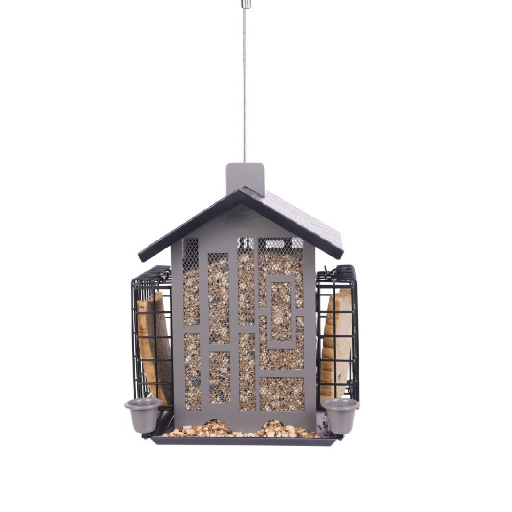 House-Shaped Metal Bird Feeder with Dual Suet Cages Large Capacity Hanging Bird Feeder with Automati